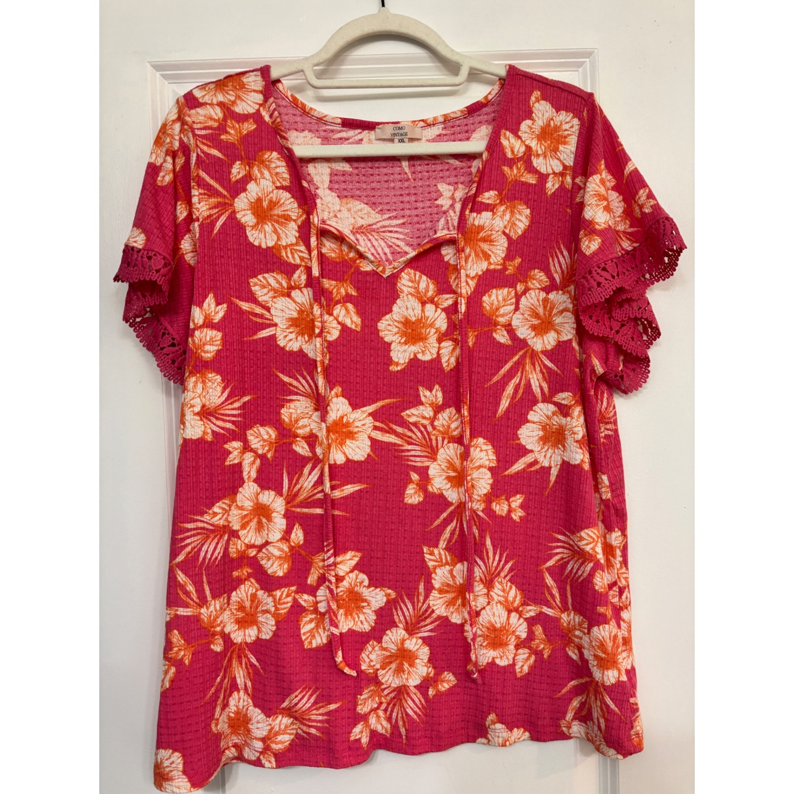 Como Vintage Pink Floral Tropical Waffle Knit Top Crochet Lace Sleeve Xxl